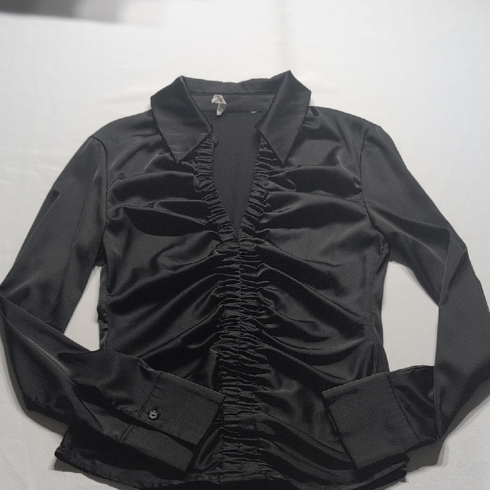 Timing Black Ruched Satin Blouse Size Small